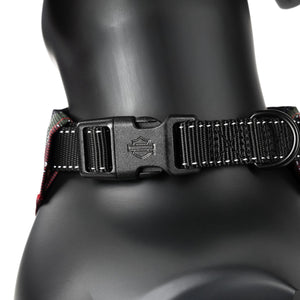 Black dog collar with a visible brand logo on a mannequin.