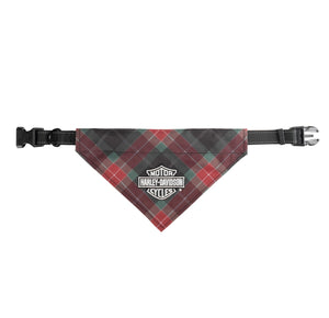 Plaid patterned dog bandana with Harley-Davidson logo on a white background