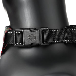 Black dog collar with a visible brand logo on a mannequin.