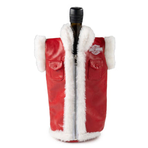 Red wine bottle cover with white fur trim on a white background