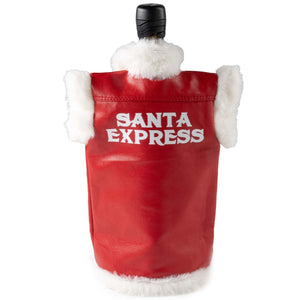 Red bag with 'Santa Express' text and white fur trim on a white background