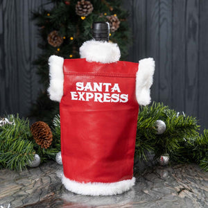 Bottle wrapped in a red 'Santa Express' bag with white fur trim, set against a Christmas-themed background.