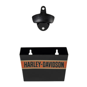 Harley-Davidson wall-mounted bottle opener and cup holder on a white background