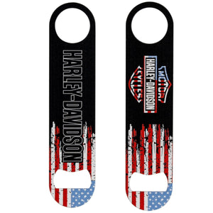 Harley-Davidson bottle opener with American flag design on a white background