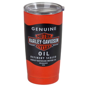 Red and black tumbler with Harley-Davidson logo on a white background