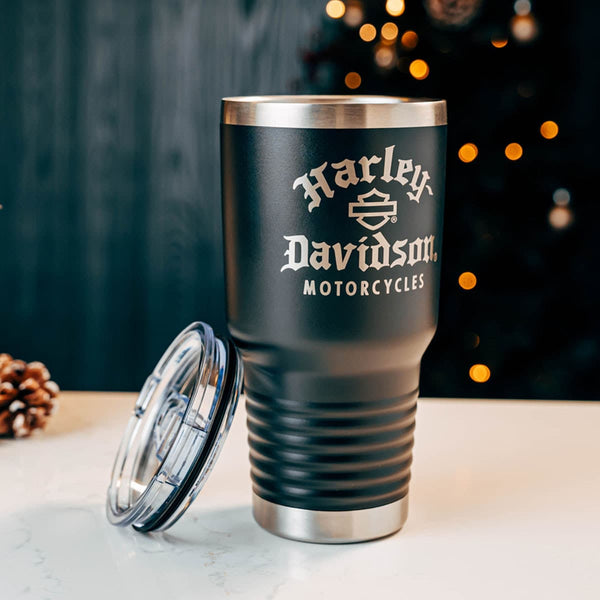 Harley-Davidson Engraved Old English Logo Double-Wall Stainless Steel 30 oz. Travel Tumbler, Matte Black HDX-98666