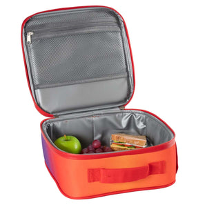 Open orange and red lunch bag with food items on a white background