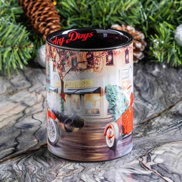 Decorative mug with a vintage scene and 'Bad Days' text, placed on a stone surface with greenery in the background.