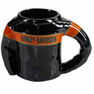 A glossy black ceramic mug shaped like a motorcycle helmet, featuring an orange stripe across the middle with the text 'HARLEY-DAVIDSON' in black.