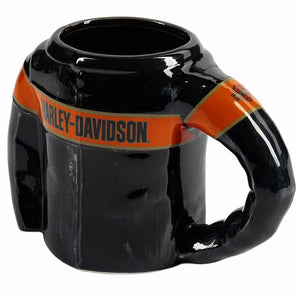 A glossy black ceramic mug designed to look like a muscular arm, featuring an orange band around the upper arm with the text 'HARLEY-DAVIDSON' in black.
