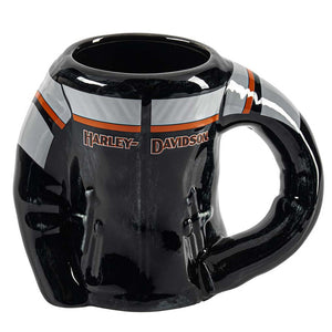 A glossy black ceramic mug shaped like a motorcycle helmet, featuring the Harley-Davidson logo in orange and white on the side, with reflective silver and orange stripe details.