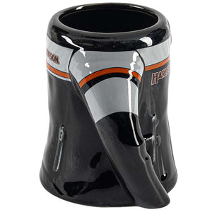 A glossy black ceramic mug designed to look like a motorcycle jacket, featuring silver zipper details, a silver stripe with orange accents, and 'Harley-Davidson' branding.
