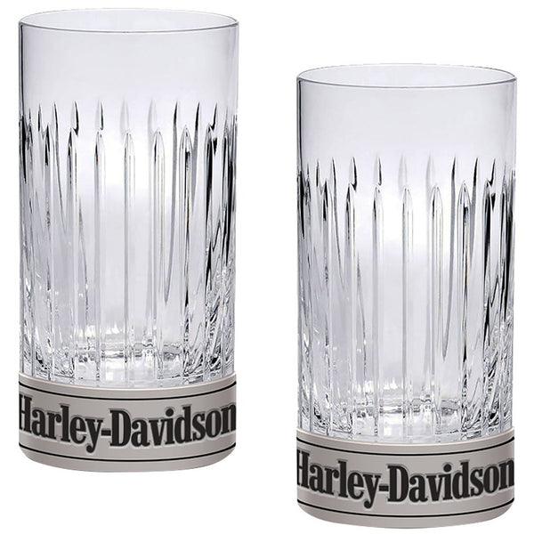 Harley-Davidson® Highball Glass Set, Hand Cut Accents, Metal Base 16 oz Set of 2 Glasses, HDX-98740