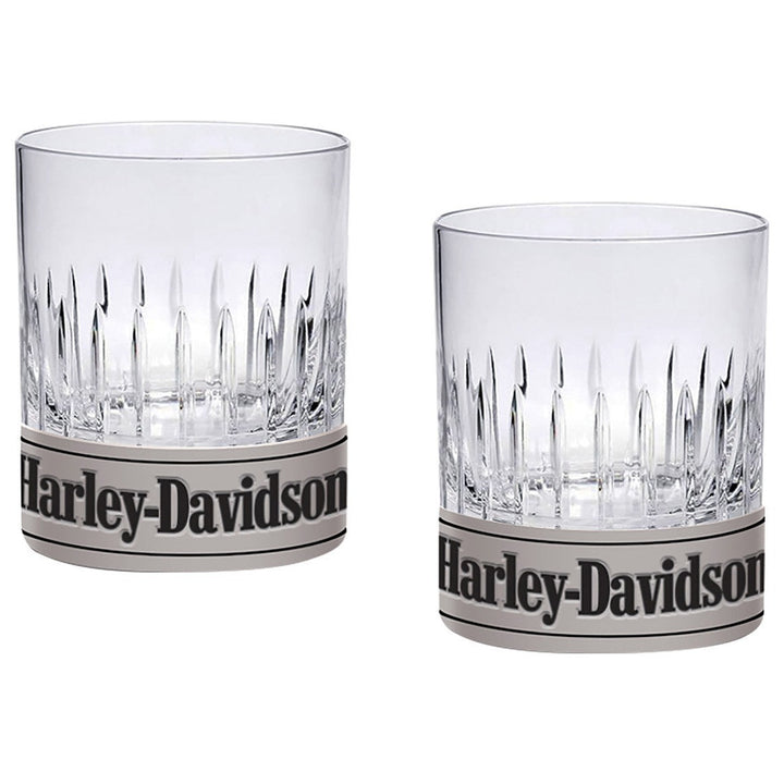 Harley-Davidson Old Fashioned Rocks 9 oz. Glasses Metal Base Set of 2 Glasses,  HDX-98741