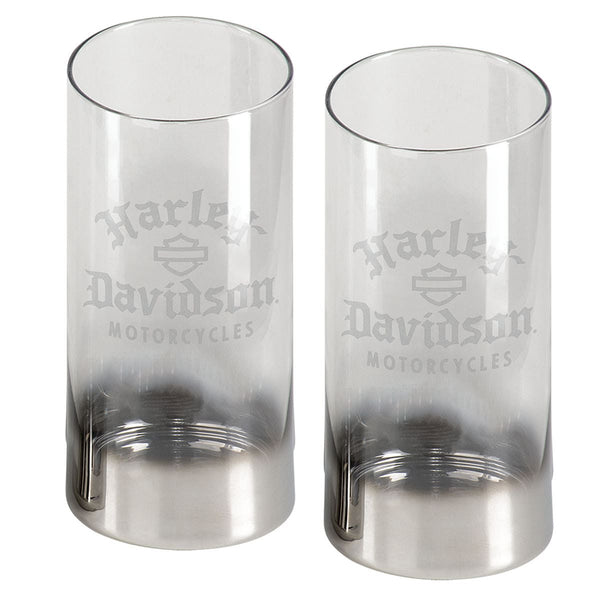 Harley-Davidson Faux Etched Old English Logo 16oz. High Ball Glass Set, Metallic Silver Ombre Finish HDX-98750