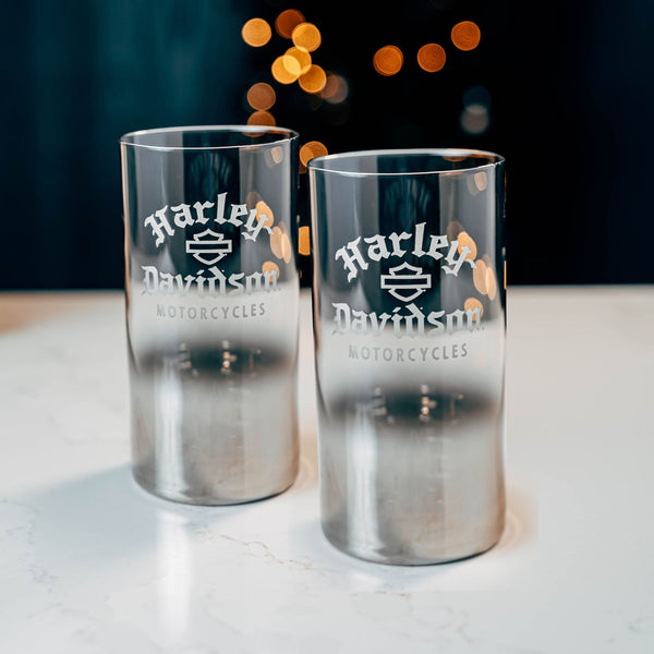 Harley-Davidson Faux Etched Old English Logo 16oz. High Ball Glass Set, Metallic Silver Ombre Finish HDX-98750