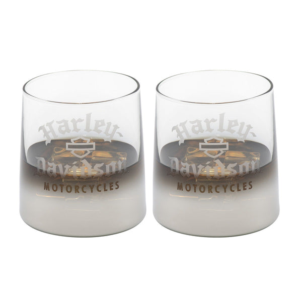 Harley-Davidson Faux Etched Old English Rock Glass Set, Metallic Silver Ombre Finish HDX-98751