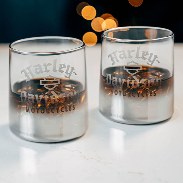 Harley-Davidson Faux Etched Old English Rock Glass Set, Metallic Silver Ombre Finish HDX-98751