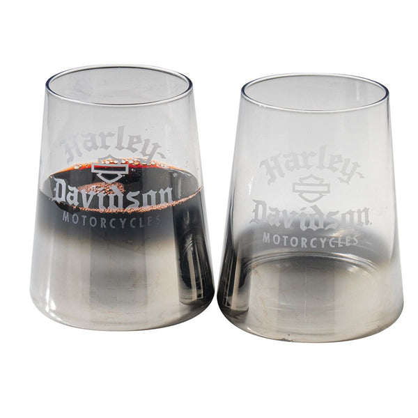 Harley-Davidson Faux Etched Old English 15 oz. Stemless Wine Glass Set, Metallic Silver Ombre Finish HDX-98752