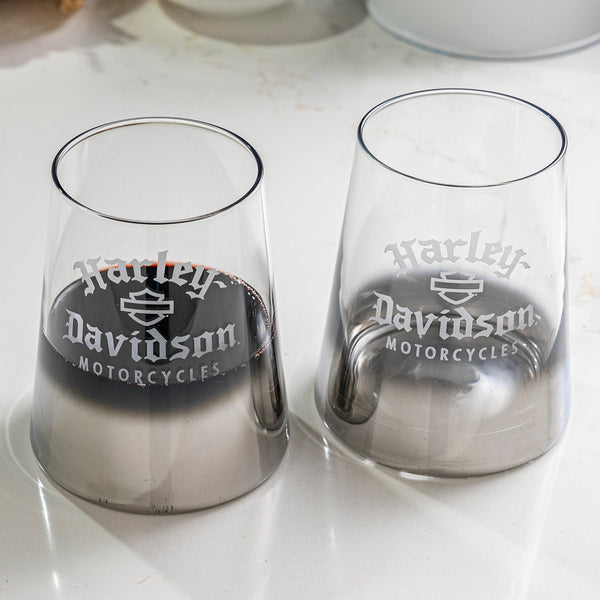 Harley-Davidson Faux Etched Old English 15 oz. Stemless Wine Glass Set, Metallic Silver Ombre Finish HDX-98752