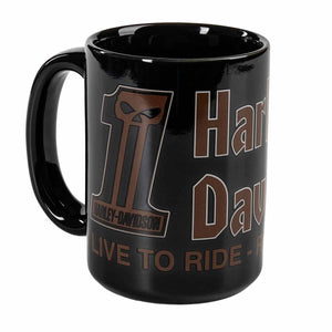 A glossy black ceramic mug featuring a brown and white Harley-Davidson graphic with the text 'Harley-Davidson' and 'Live to Ride' on a plain white background.