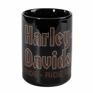 A black ceramic mug featuring the classic Harley-Davidson logo in brown with a white outline, and the slogan 'RIDE - RIDE TO' printed below in brown.