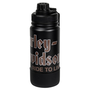 A black insulated water bottle with a black screw cap and carry loop, featuring the text 'Harley-Davidson' and 'RIDE TO LIVING' in brown and white lettering, on a plain white background.