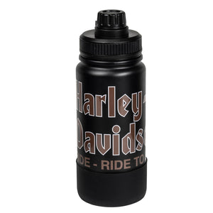 A black insulated stainless steel tumbler with a black lid, featuring the Harley-Davidson logo in brown and white on the front, set against a plain white background.
