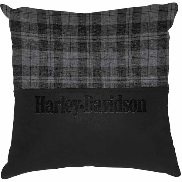 Harley-Davidson Outdoor Embossed Logo Plaid Throw Pillow, Dark Grey HDX-99267