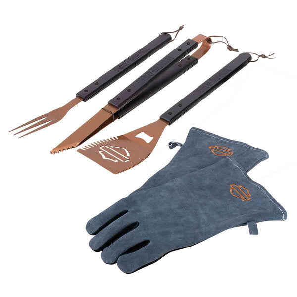 Harley-Davidson 5-Piece Stainless Steel Grill Tool Set With Leather Gloves, Copper HDX-99284