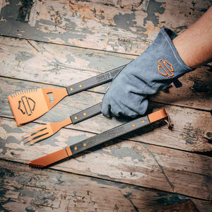Harley-Davidson 5-Piece Stainless Steel Grill Tool Set With Leather Gloves, Copper HDX-99284