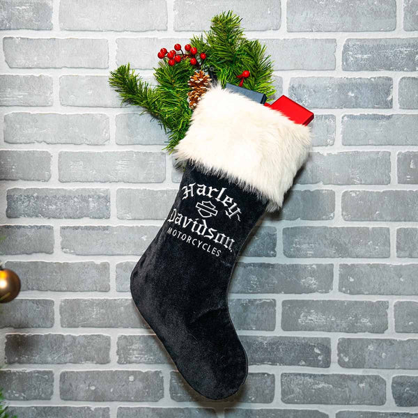 Harley-Davidson Holiday Velvet-Feel Old English Holiday Stocking, Black/White HDX-99308