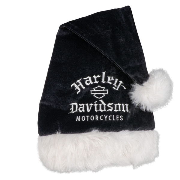 Harley-Davidson Holiday Velvet-Feel Embroidered Old English Santa Hat, Black/White HDX-99309