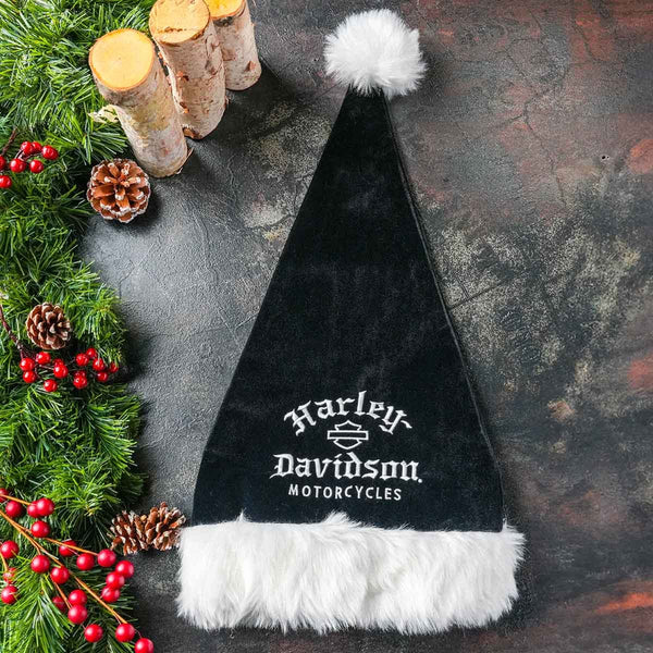 Harley-Davidson Holiday Velvet-Feel Embroidered Old English Santa Hat, Black/White HDX-99309