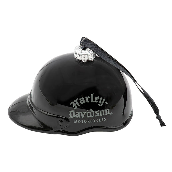 Harley-Davidson Holiday Blown Glass Old English Helmet Ornament, Black HDX-99317