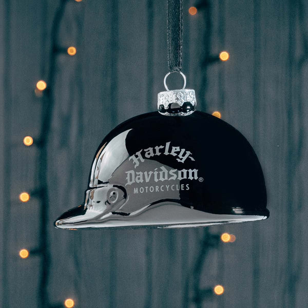 Harley-Davidson Holiday Blown Glass Old English Helmet Ornament, Black HDX-99317