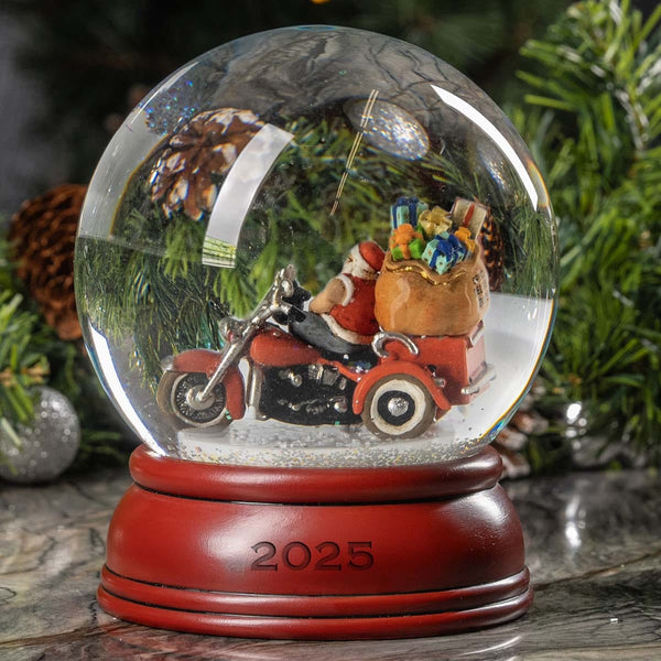 Harley-Davidson 2025 Dated Biker Santa Christmas 5.75" Glass Snowglobe, Red HDX-99346
