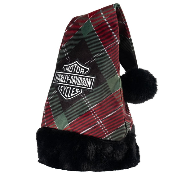Harley-Davidson Holiday Faux Soft Santa Christmas Hat, Red/Green Plaid HDX-99349