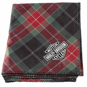Plaid patterned fabric with Harley-Davidson logo on a white background