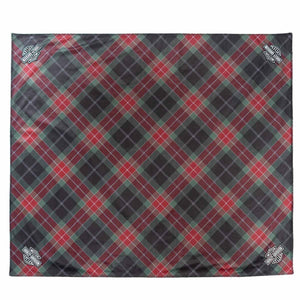 Plaid patterned mat with visible brand logos on a white background