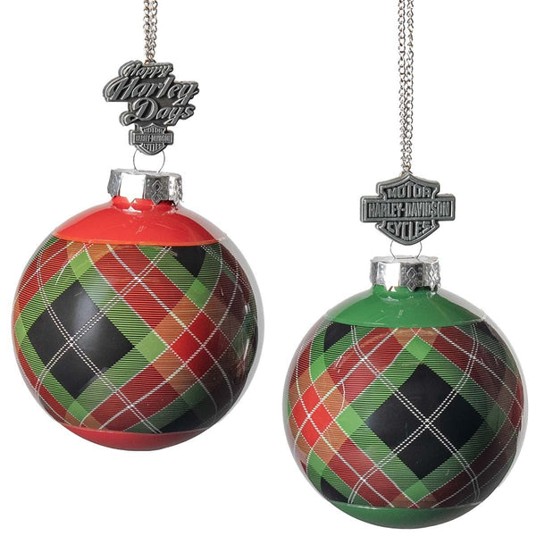 Harley-Davidson Set Of 2 Holiday Full Wrap Plaid Glass Ornament Ball, Green/Red HDX-99356
