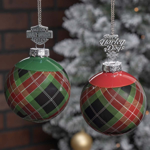 Harley-Davidson Set Of 2 Holiday Full Wrap Plaid Glass Ornament Ball, Green/Red HDX-99356
