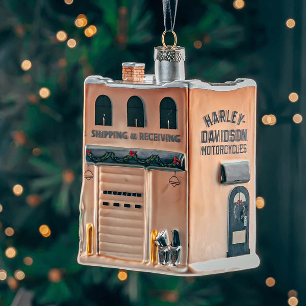 Harley Davidson-themed ornament resembling a building with a festive background