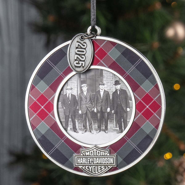 Harley-Davidson 2025 Dated Metal Enamel Filled 4" Picture Frame Christmas Ornament, Plaid HDX-99362