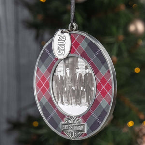 Harley-Davidson 2025 Dated Metal Enamel Filled 4" Picture Frame Christmas Ornament, Plaid HDX-99362