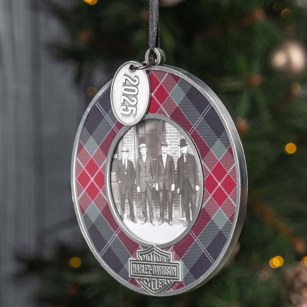Harley-Davidson 2025 Dated Metal Enamel Filled 4" Picture Frame Christmas Ornament, Plaid HDX-99362