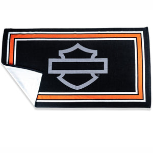 Harley-Davidson logo on a black towel with orange border