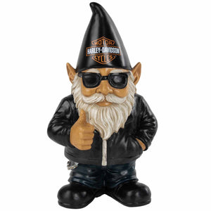 Gnome figurine wearing a Harley-Davidson hat and leather jacket on a white background