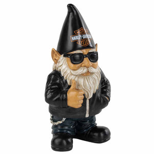 Gnome figurine wearing a Harley-Davidson hat and leather jacket on a white background HDX-99392