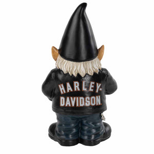 Gnome figurine wearing a Harley Davidson jacket on a white background